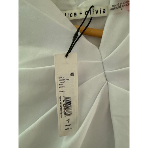 Alice + Olivia Kiro Ruffle-Shoulder Midi Sheath Dress in Bright White Size 4 - Picture 9 of 13